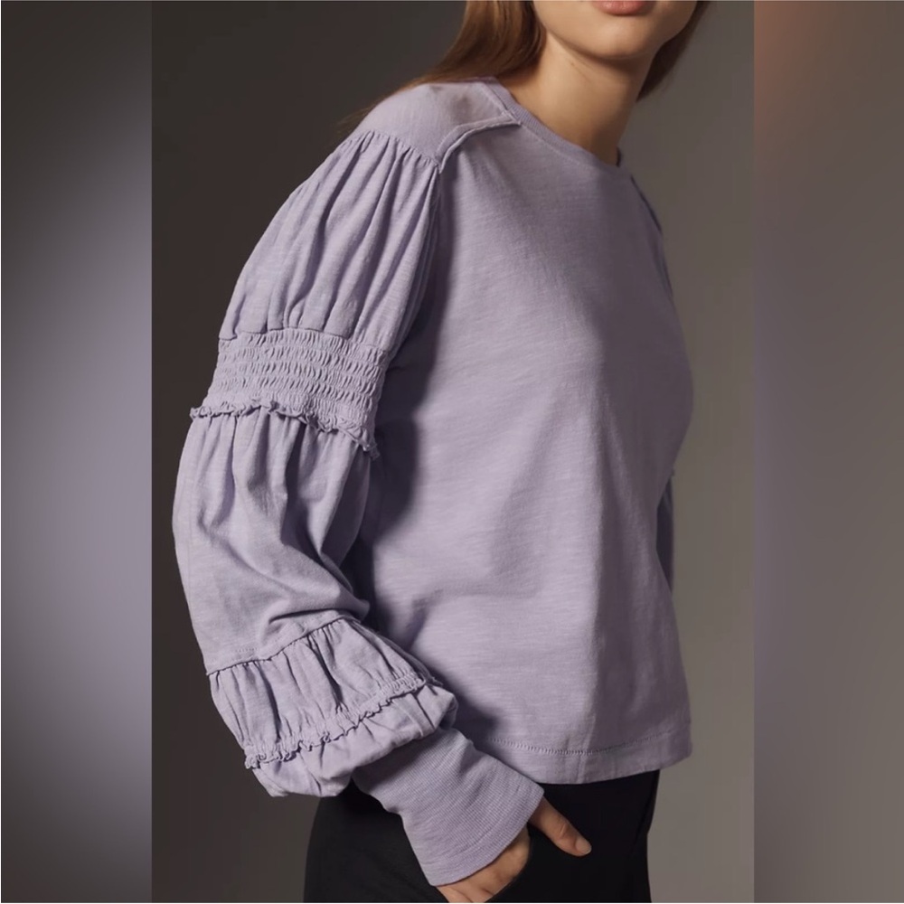 NWT Pilcro Crew-Neck Ruched & Smocked Sleeve Top - Picture 3 of 7
